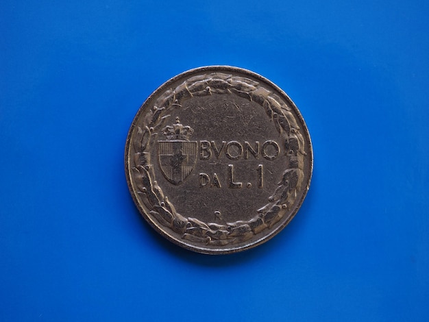 Pièce de 1 lire Royaume d'Italie sur bleu