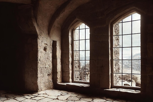 Pièce antique foncée avec la lumière des fenêtres