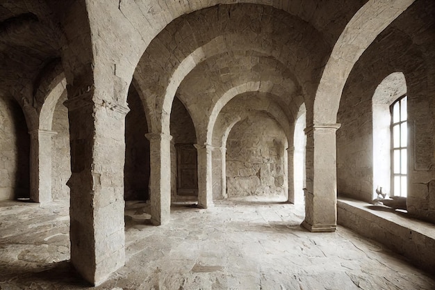 Pièce antique foncée avec la lumière des fenêtres