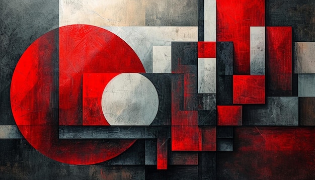 une pièce d'art abstrait inspirée par Martisor utilisant des formes géométriques rouges et blanches audacieuses