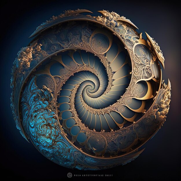 une pièce d'art bleue et dorée avec un dessin en spirale