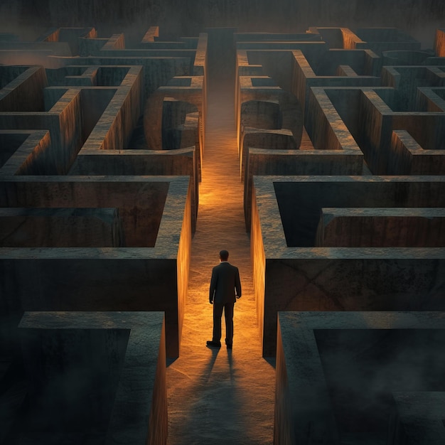 Une pièce d'art conceptuelle d'un homme d'affaires se tenant au carrefour d'un labyrinthe symbolisant la prise de décisions stratégiques et le leadership Le labyrinthe est complexe conçu AI génératif