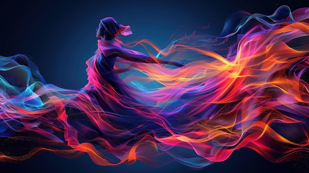 Une pièce d'art numérique abstraite représentant des figures dansant dans l'interaction dynamique du feu