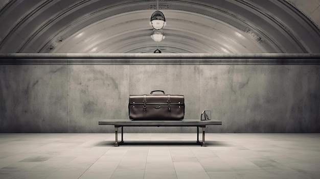 Photo une pièce d'art numérique minimaliste mettant en vedette une seule valise en cuir vintage sur un carrousel de bagages à l'ancienne dans un décor monochrome.