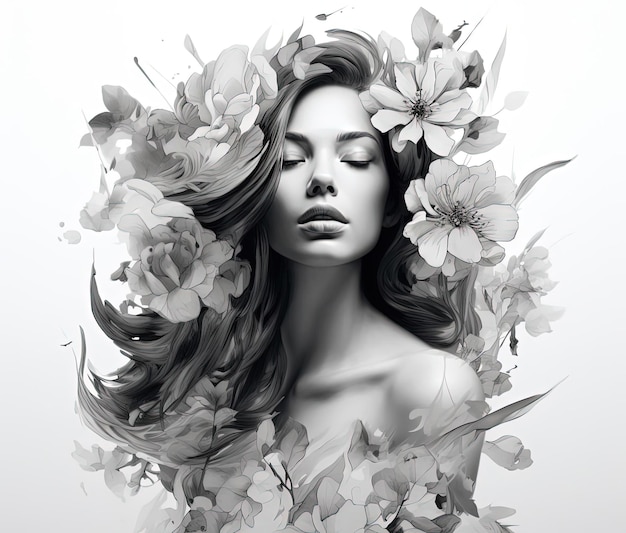 une pièce d'art numérique en noir et blanc sur une fille et des fleurs