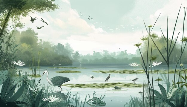 Photo une pièce d'art numérique représentant une scène de zone humide sereine avec divers oiseaux aquatiques et amphibiens