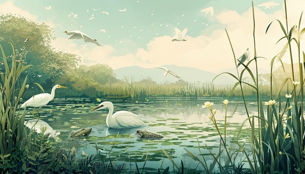 une pièce d'art numérique représentant une scène de zone humide sereine avec divers oiseaux aquatiques et amphibiens