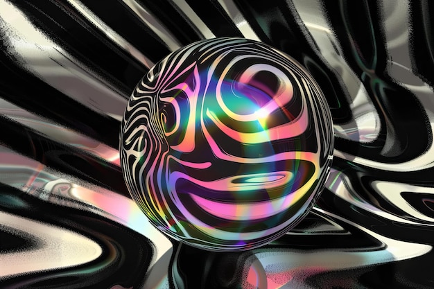 Photo une pièce d'art numérique d'une sphère iridescente flottant devant des rayures de zèbres noires et blanches