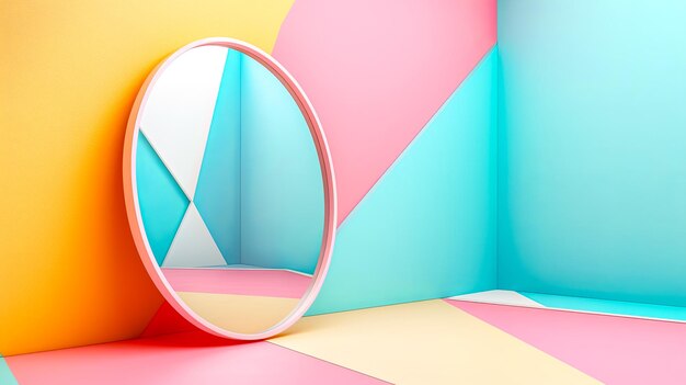 Une pièce artistique avec un miroir circulaire dans des nuances vives de rose et d'aqua