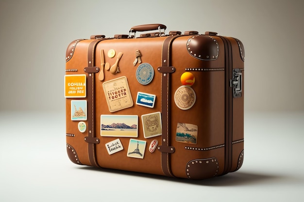 Photo pièce de bagage marron avec des autocollants et des aimants sur le côté generative ai
