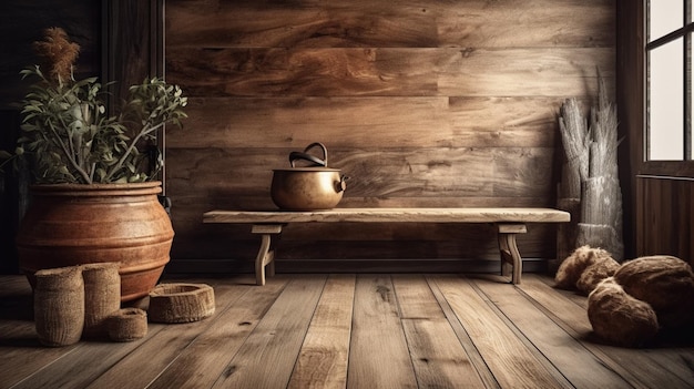 Une pièce avec un banc en bois et un vase avec des fleurs dessus