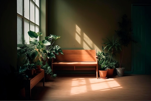 Une pièce avec un banc et des plantes au mur