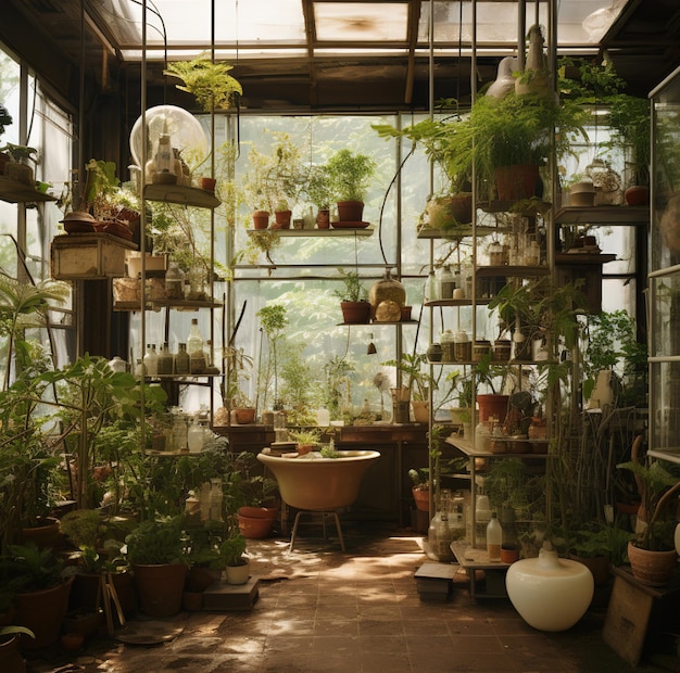 une pièce avec beaucoup de plantes et de pots