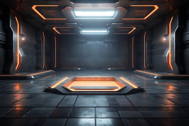 Une pièce en béton sci-fi futuriste avec des lumières au néon brillantes