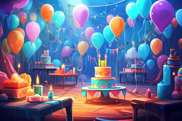 Une pièce bien éclairée avec un gâteau d'anniversaire, des ballons et des cadeaux génératifs.