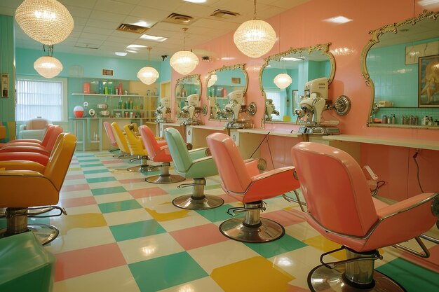 Photo une pièce bien éclairée avec une grande quantité de chaises et de miroirs créant un espace abondant et réfléchissant un salon de coiffure vintage des années 1960 avec des chaises de sèche-cheveux colorées