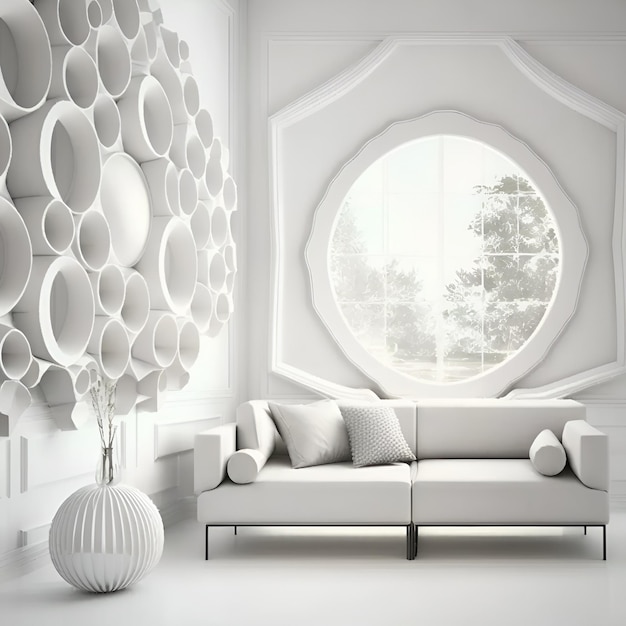 Une pièce blanche avec une fenêtre ronde et un canapé.