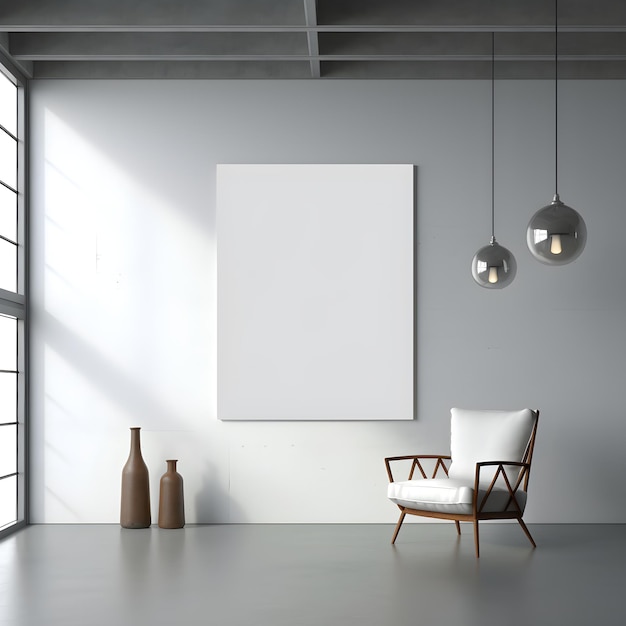 Une pièce blanche avec un grand tableau au mur et une chaise devant.