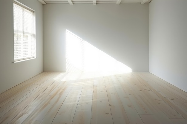 Une pièce blanche avec un plancher en bois et une fenêtre