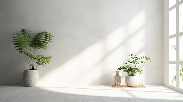 Une pièce blanche avec une plante au mur