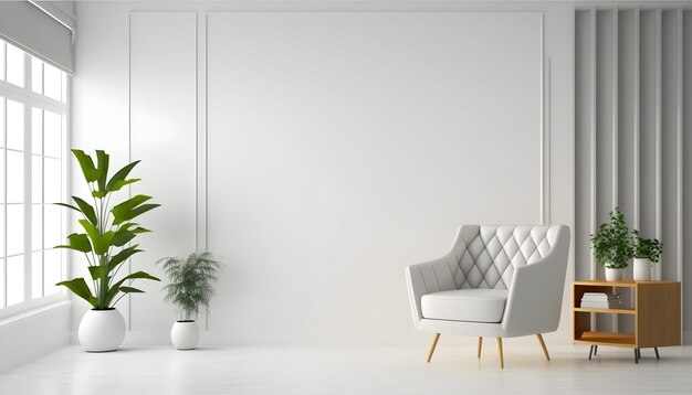 Une pièce blanche avec une plante et une chaise blanche devant.