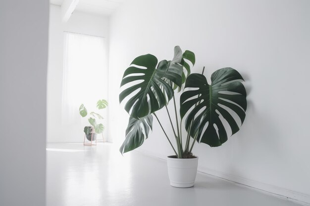 Une pièce blanche avec une plante dans un pot et une fenêtre avec une plante dedans.