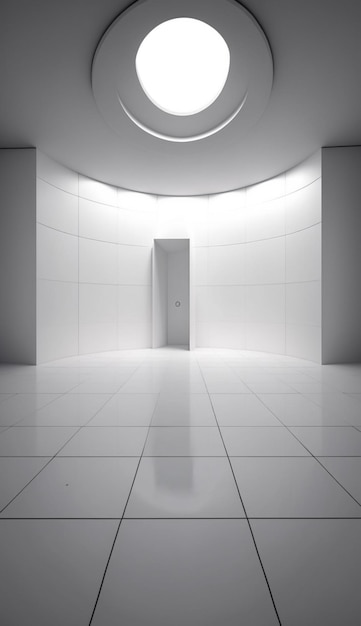 Une pièce blanche avec une porte et une lumière ronde sur le mur.
