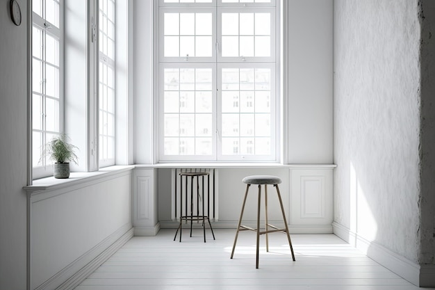 Pièce blanche vide et lumineuse avec de grandes fenêtres Tabouret de chaise