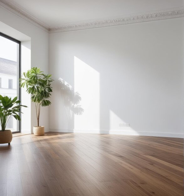 Une pièce blanche vide avec un sol en bois et une plante en pot