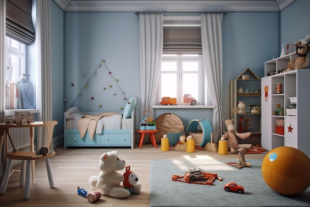 Une pièce bleue avec un ours en peluche blanc sur le sol et une étagère avec des jouets dessus.