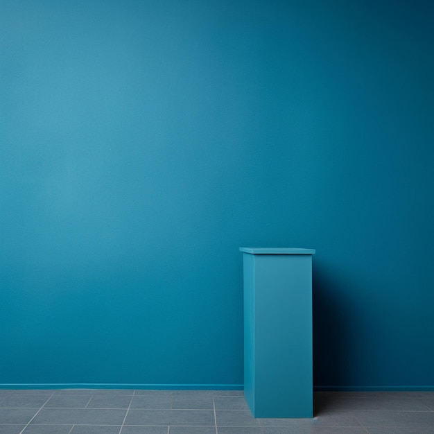 Une pièce bleue avec un podium devant un mur