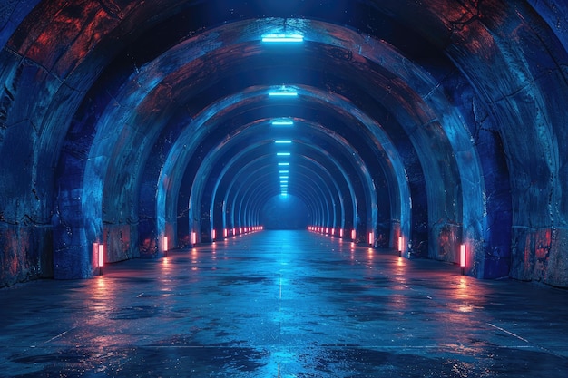 Une pièce bleue souterraine vide avec des murs nus et un métro éclairé