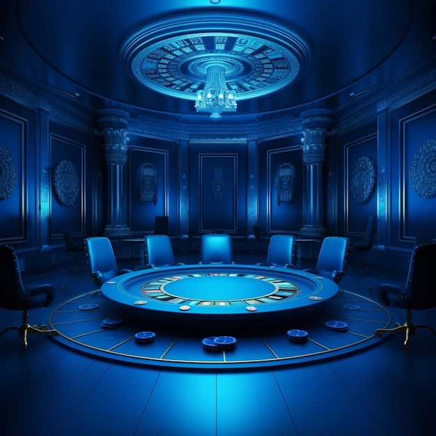 Une pièce bleue avec une table ronde et des chaises.