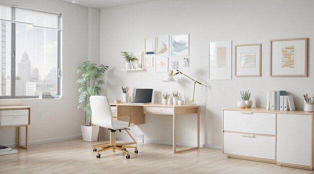 Pièce de bureau minimale avec une couleur neutre