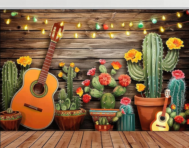 une pièce avec un cactus de guitare et un caktus