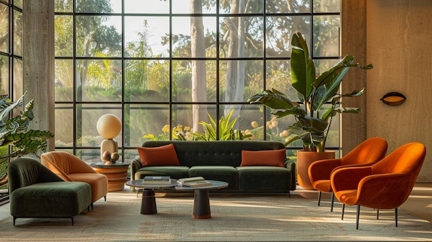 une pièce avec un canapé noir et des chaises orange