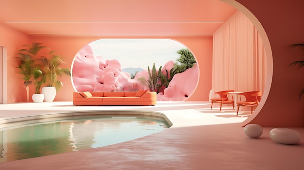 une pièce avec un canapé rose, des fenêtres en verre et une piscine