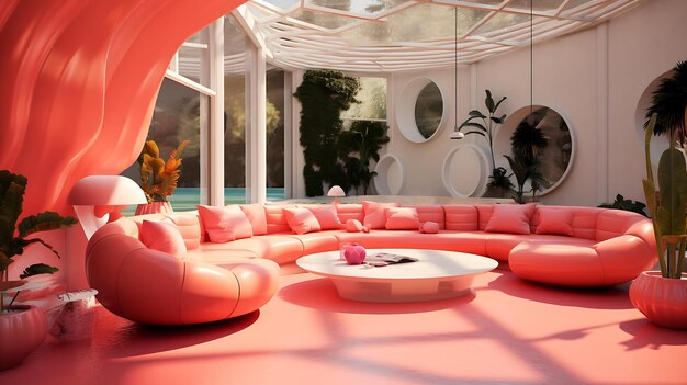 une pièce avec un canapé rose, des fenêtres en verre et une piscine