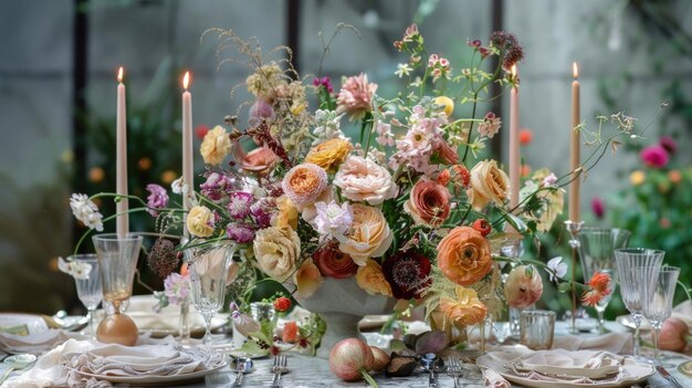 Pièce centrale florale sur une table festive avec des plats blancs et des verres transparents