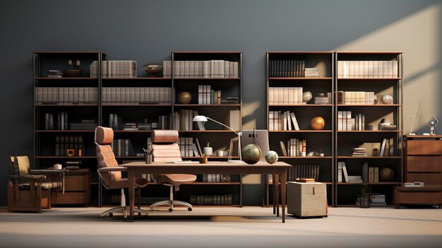 une pièce avec une chaise et une bibliothèque avec des livres sur le mur