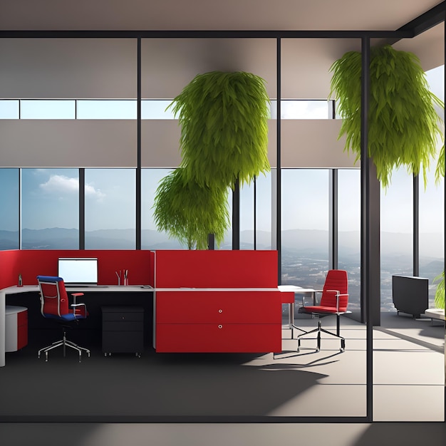 Une pièce avec une chaise de bureau rouge et noire et une plante verte suspendue au plafond.