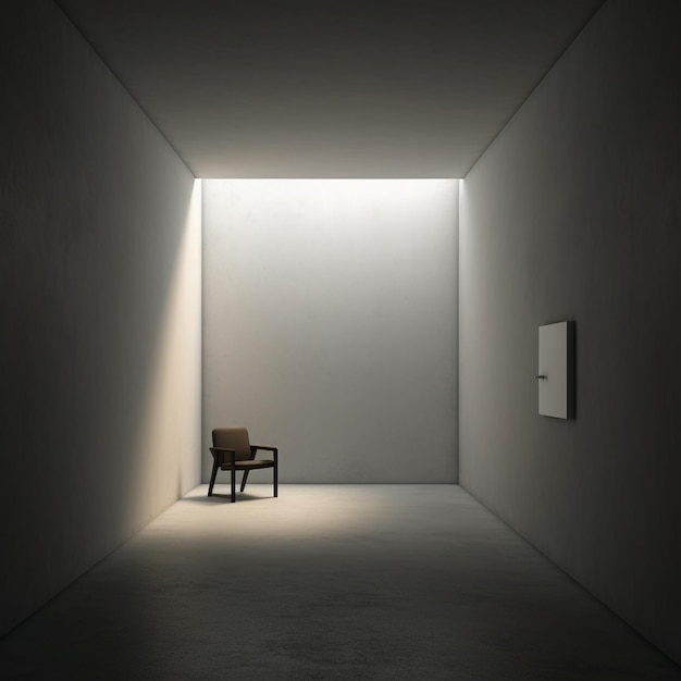 Une pièce avec une chaise et une lumière au mur