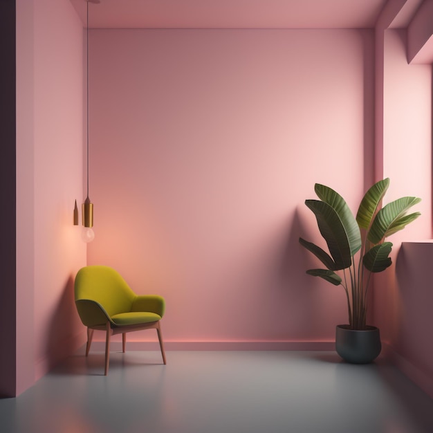 Une pièce avec une chaise et une plante.