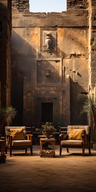 Photo une pièce avec des chaises et un mur d'un temple