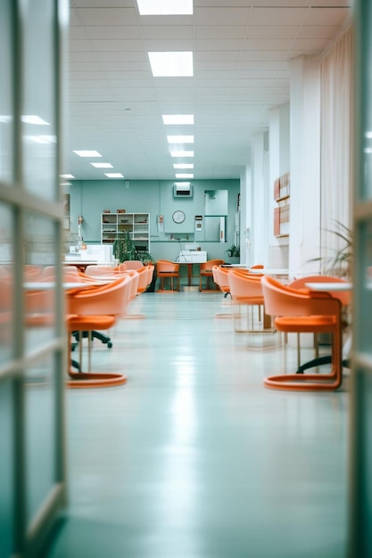 une pièce avec des chaises orange et une horloge sur le mur