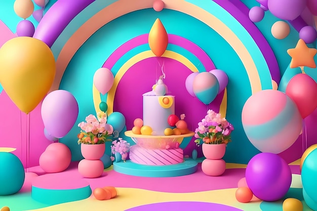 une pièce colorée avec des ballons et un gâteau au milieu.