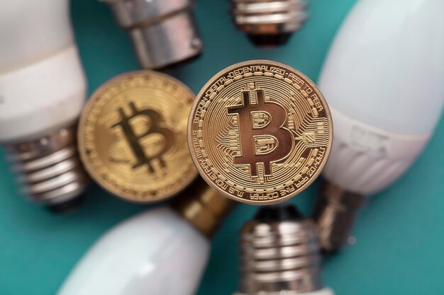 Pièce de concept de durabilité écologique Bitcoin cryptocurrency avec ampoule