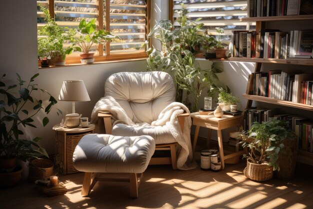 La pièce confortable, le fauteuil blanc et doux, le bureau, la douce lumière du soleil qui sort de la fenêtre.