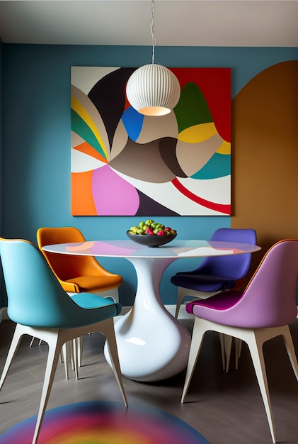 une pièce contemporaine colorée avec une table et des chaises génératives ai