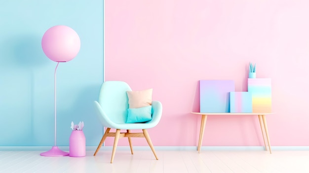 une pièce en couleurs pastel avec un design minimaliste un fauteuil une table et une lampe